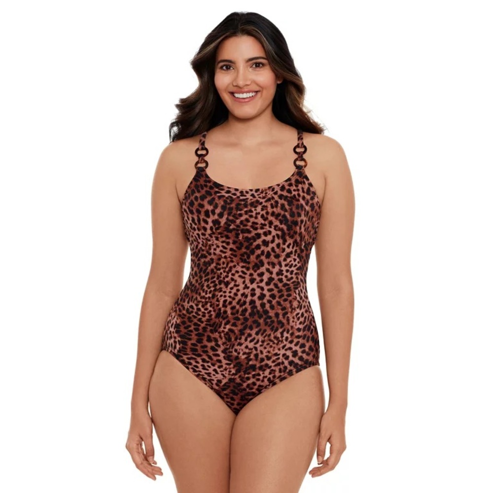 Time & Tru Leopard Print Swimsuit Criss Cross Back One Piece Size Large 12-14